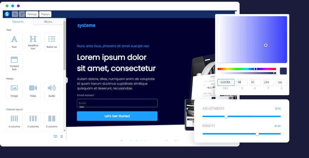 systeme io page builder editor for landing pages and sales funnels